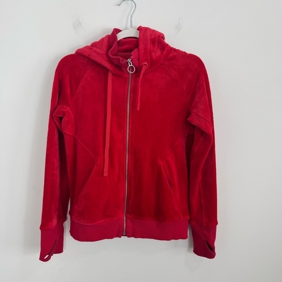 Athleta Triumph Hoodie Double Cozy Karma Hibiscus Red Velour Size XS X-Small - Picture 2 of 10
